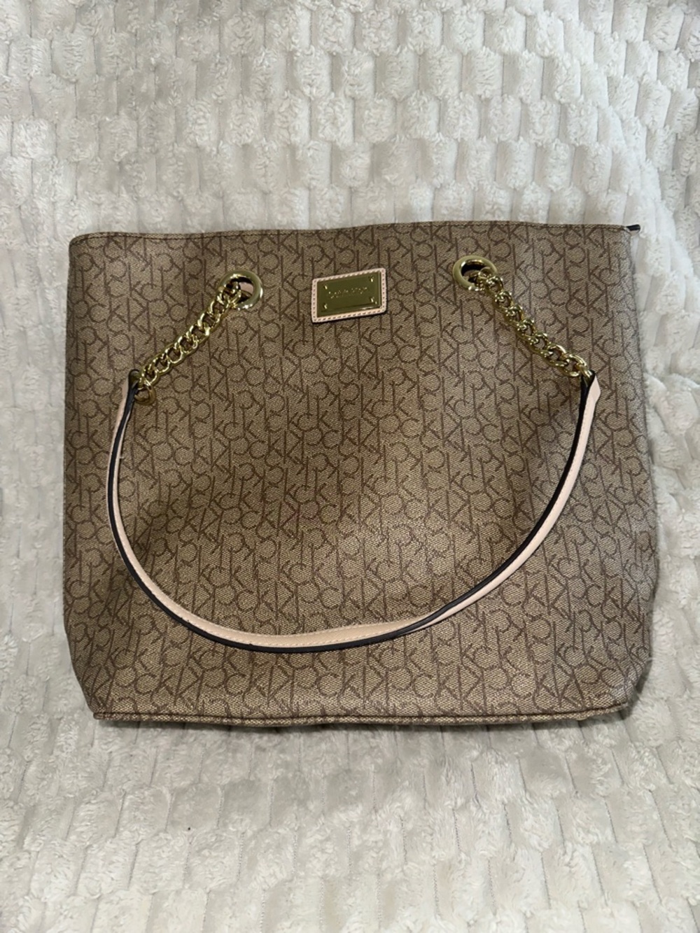 Calvin Klein Tan Monogram Chain-Handle Purse Bag